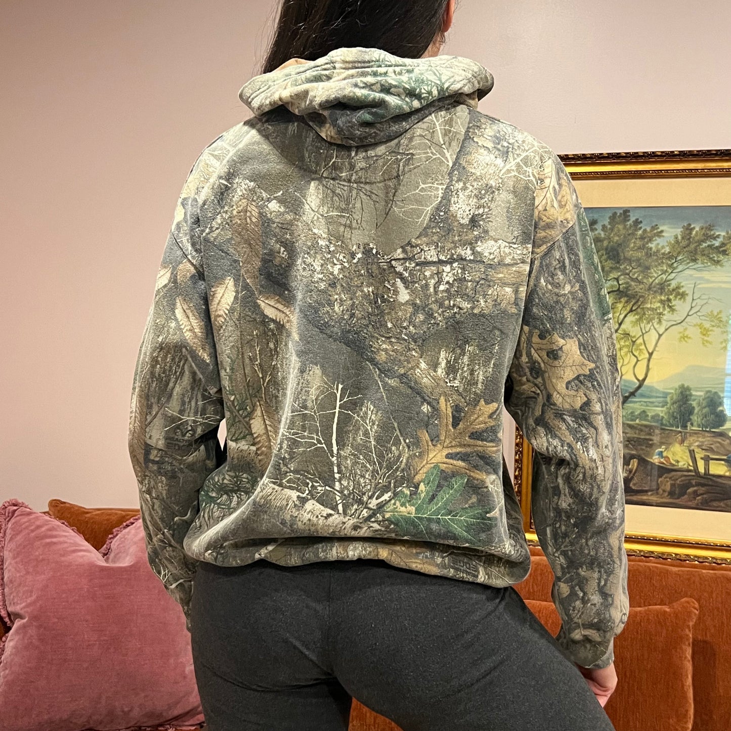 DUMP YOUR REPUBLICAN BOYFRIEND camo hoodie with pink text (L)