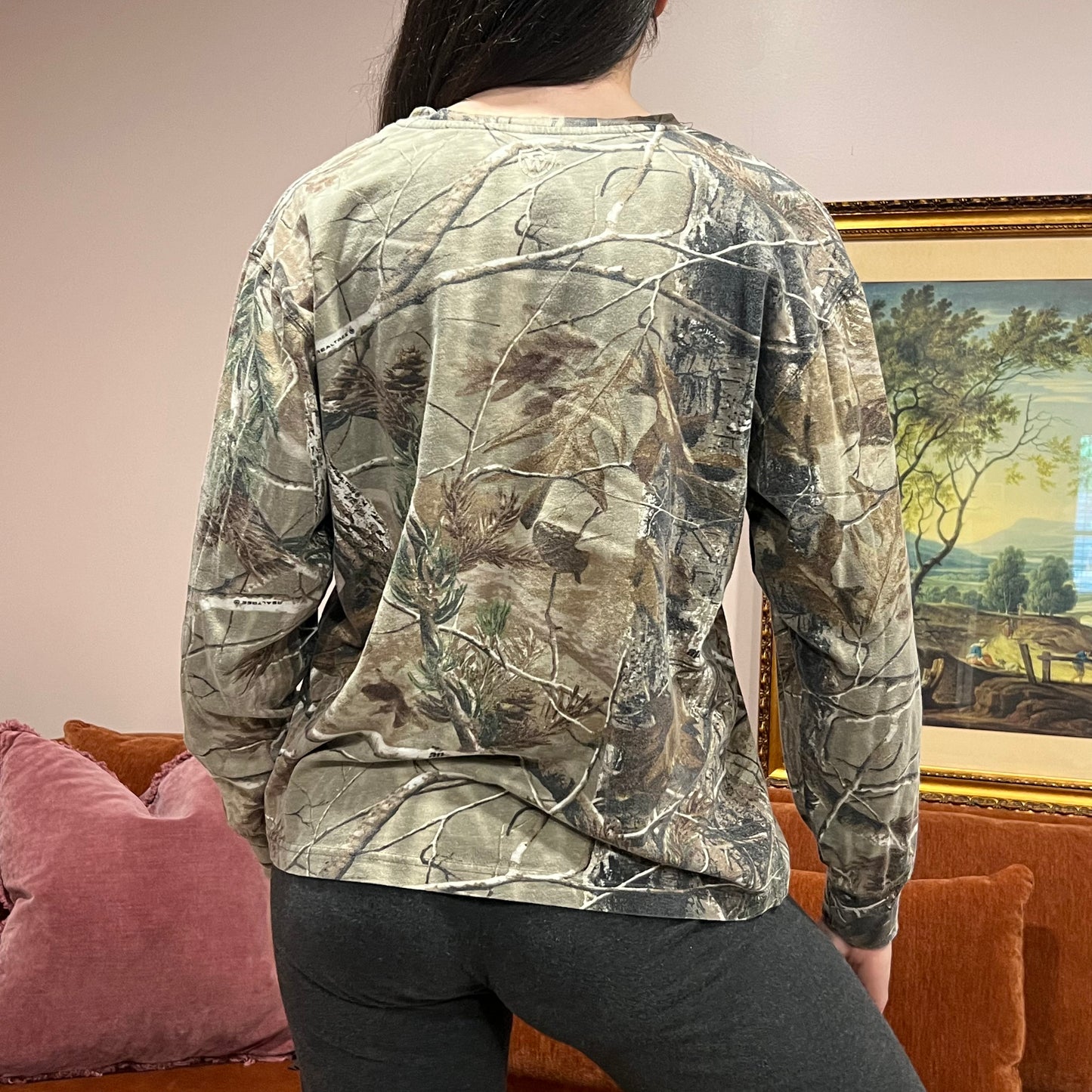 DUMP YOUR REPUBLICAN GIRLFRIEND camo long sleeve t-shirt with pink text (M)
