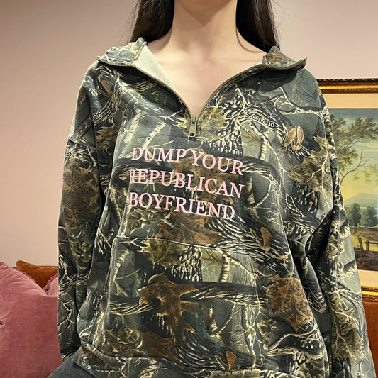 DUMP YOUR REPUBLICAN BOYFRIEND camo zip-up with pink text (2XL)