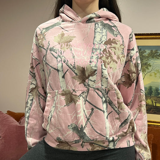 DUMP YOUR REPUBLICAN BOYFRIEND pink camo hoodie with pink text (M)