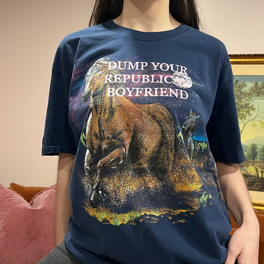 DUMP YOUR REPUBLICAN BOYFRIEND horse t-shirt with pink text (XL)