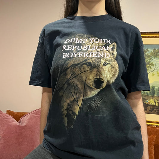 DUMP YOUR REPUBLICAN BOYFRIEND wolf t-shirt with pink text (L)