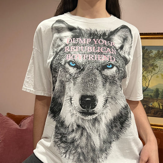 DUMP YOUR REPUBLICAN BOYFRIEND wolf t-shirt with pink text (XL)