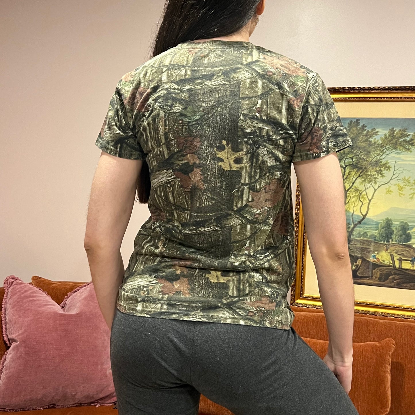 DUMP YOUR REPUBLICAN GIRLFRIEND camo t-shirt with orange text (S)