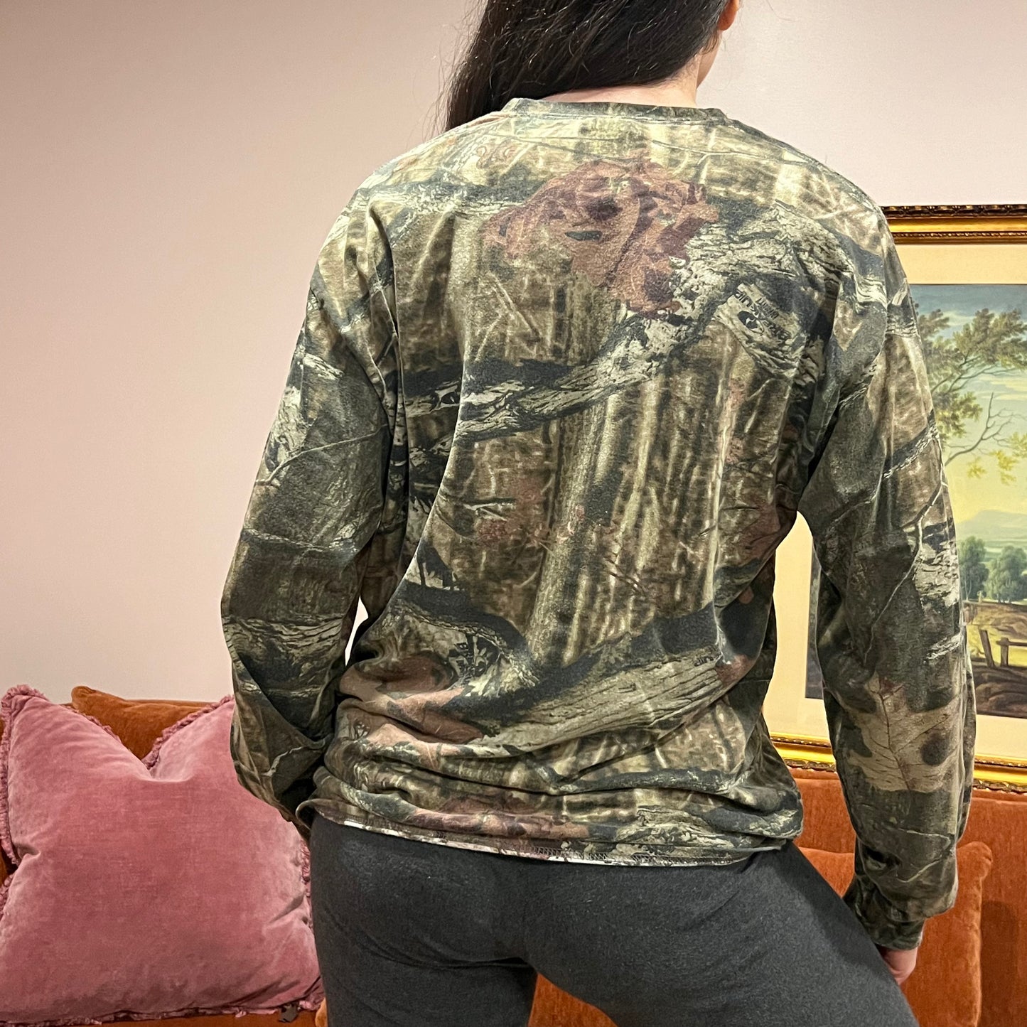 DUMP YOUR REPUBLICAN GIRLFRIEND camo long sleeve t-shirt with orange text (L)