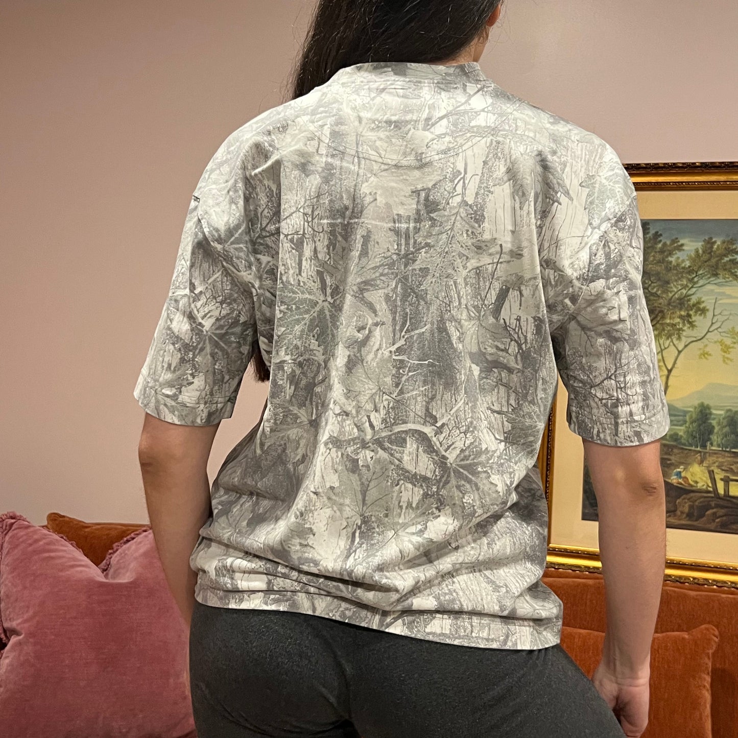 DUMP YOUR REPUBLICAN GIRLFRIEND white camo t-shirt with orange text (S)