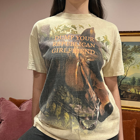 DUMP YOUR REPUBLICAN GIRLFRIEND horse t-shirt with orange text (M)