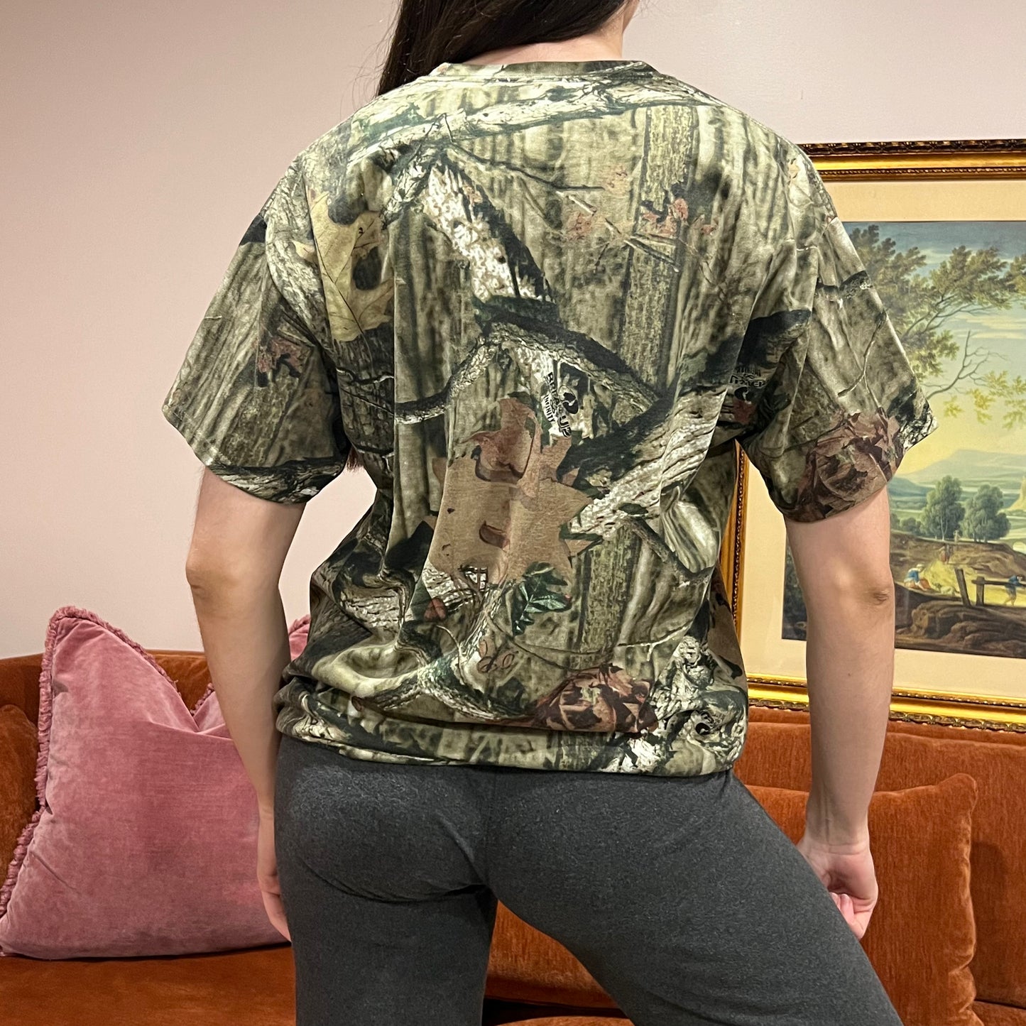 DIVORCE YOUR REPUBLICAN HUSBAND camo t-shirt with orange text (L)