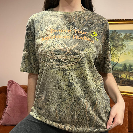 DIVORCE YOUR REPUBLICAN HUSBAND camo t-shirt with orange text (L)