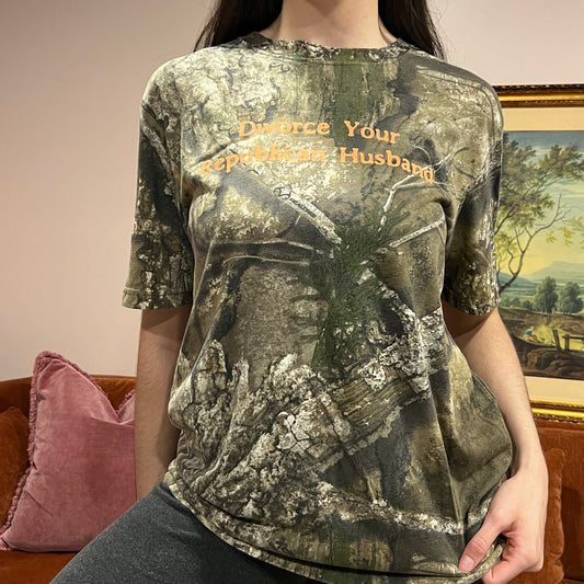 DIVORCE YOUR REPUBLICAN HUSBAND camo t-shirt with orange text (M)
