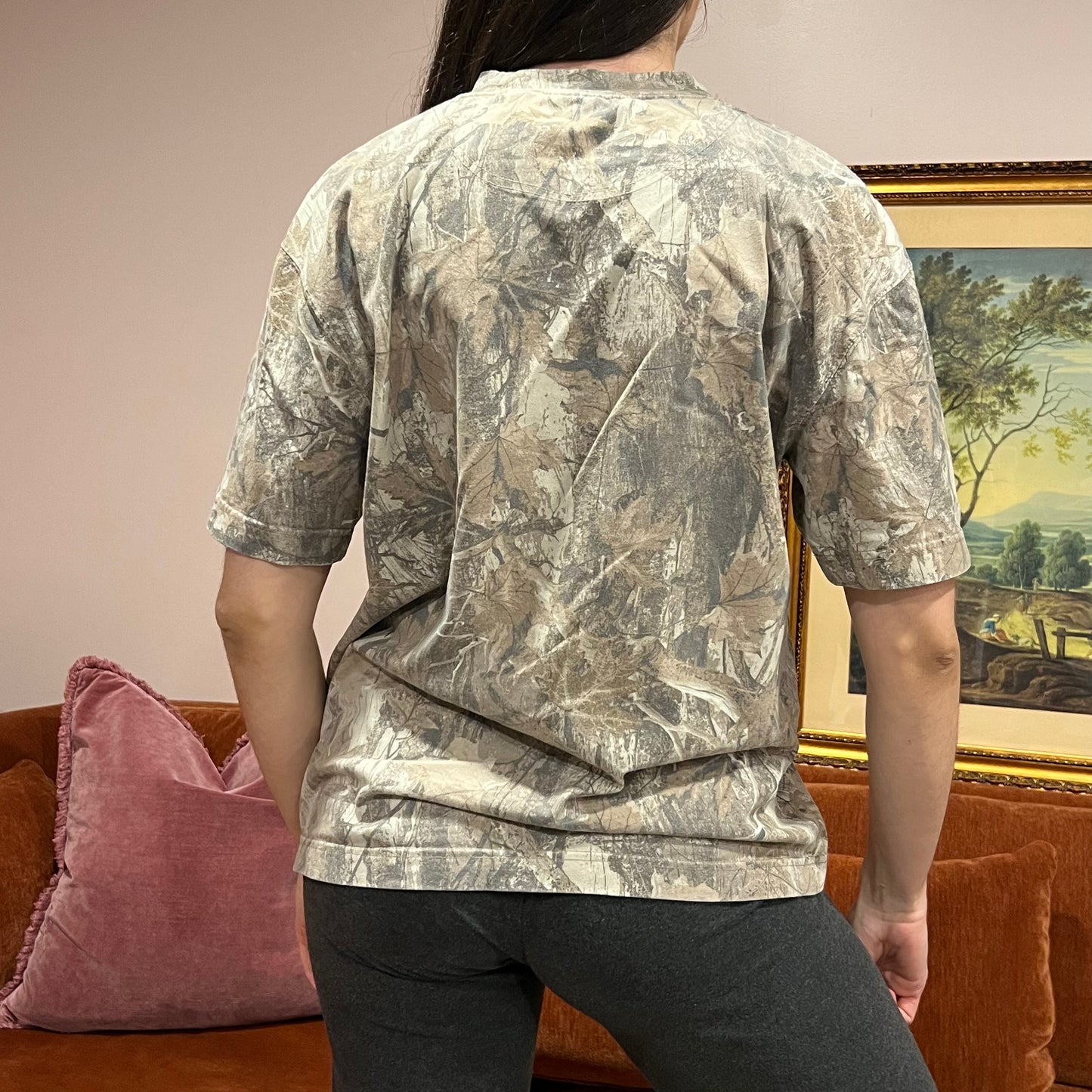 DIVORCE YOUR REPUBLICAN HUSBAND camo t-shirt with orange text (M)