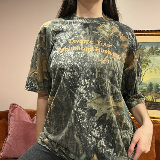 DIVORCE YOUR REPUBLICAN HUSBAND camo t-shirt with orange text (XL)