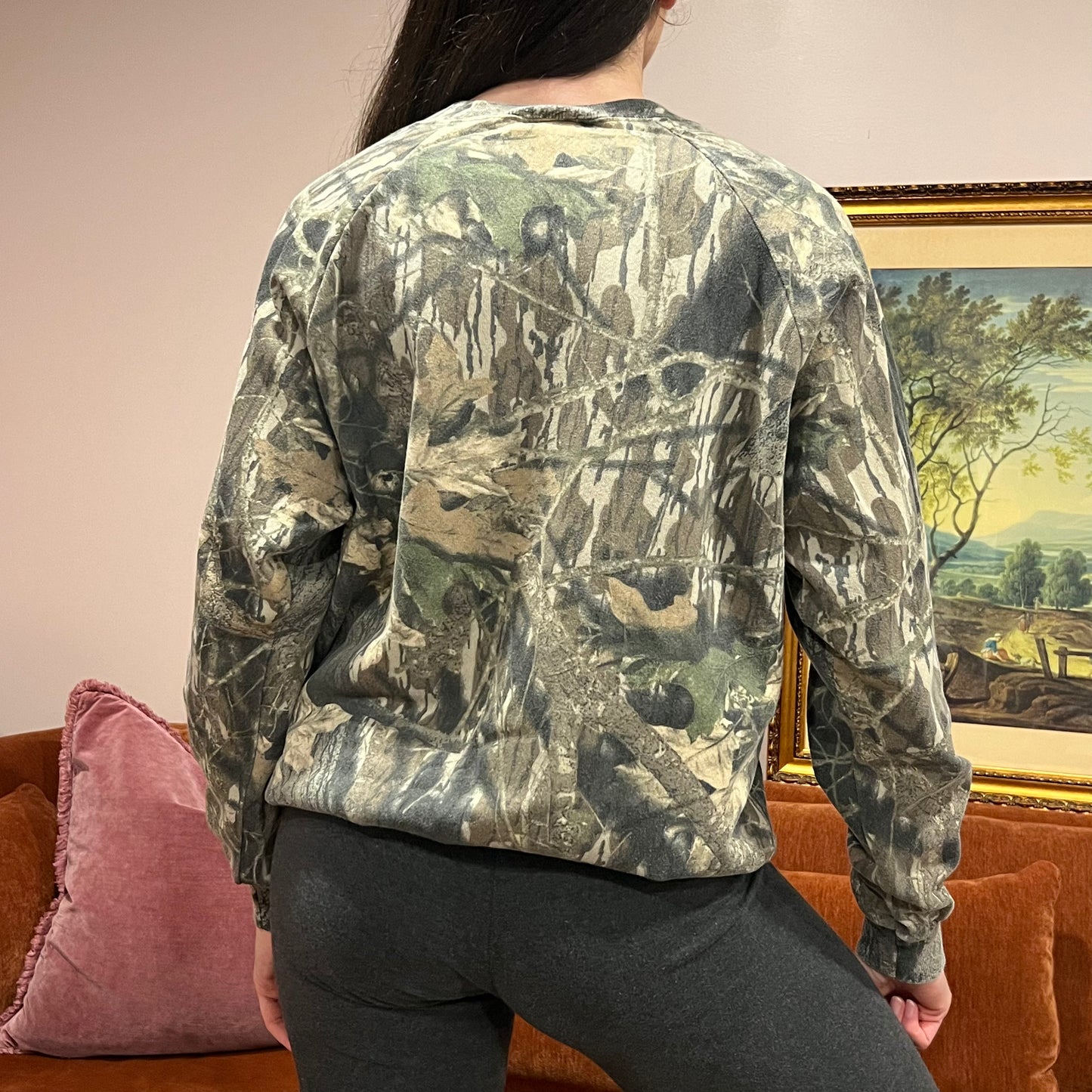 DIVORCE YOUR REPUBLICAN HUSBAND camo crewneck with orange text (L)