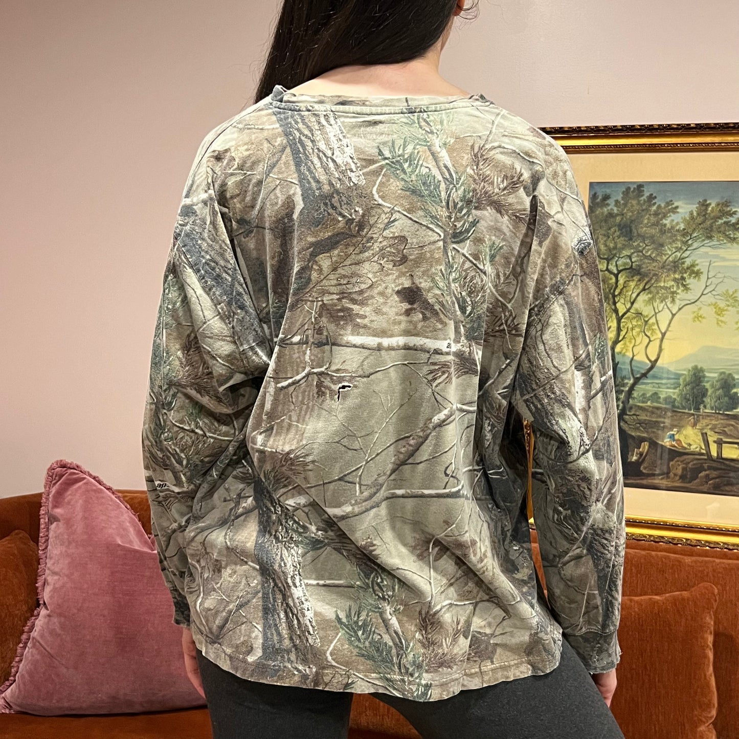 DIVORCE YOUR REPUBLICAN HUSBAND camo long sleeve t-shirt with orange text (XL)