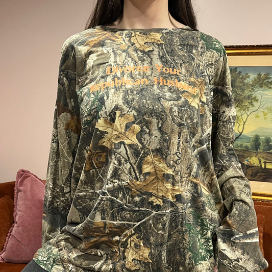 DIVORCE YOUR REPUBLICAN HUSBAND camo long sleeve t-shirt with orange text (2XL)