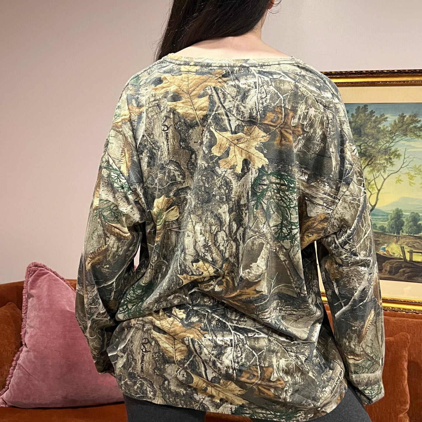 DIVORCE YOUR REPUBLICAN HUSBAND camo long sleeve t-shirt with orange text (2XL)
