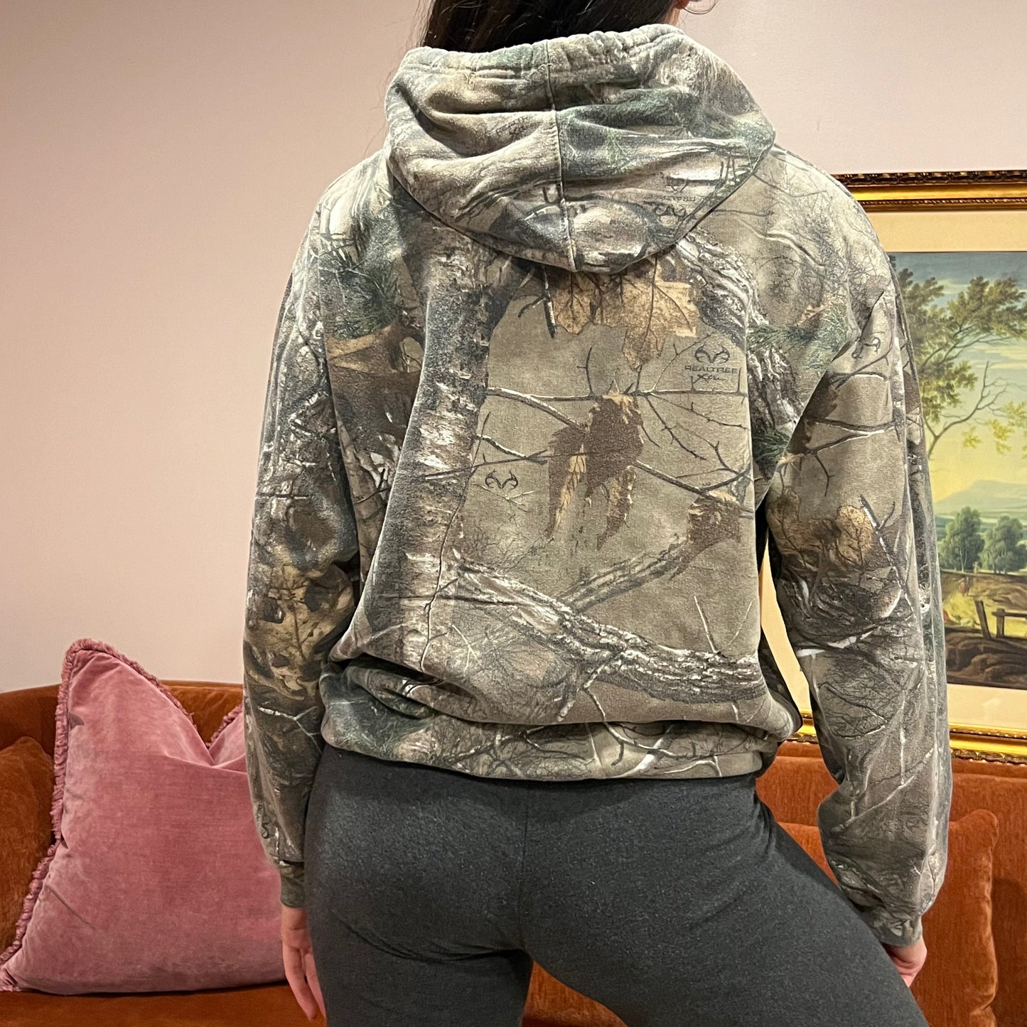 DIVORCE YOUR REPUBLICAN HUSBAND camo hoodie with orange text (M)