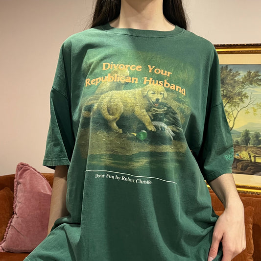 DIVORCE YOUR REPUBLICAN HUSBAND duck t-shirt with orange text (XL)