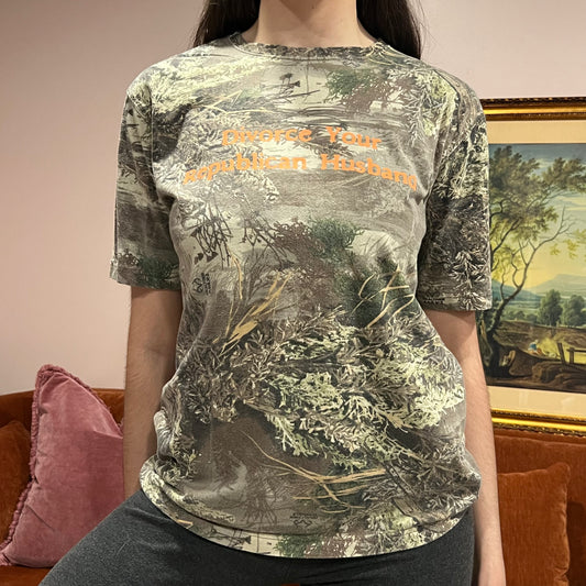 DIVORCE YOUR REPUBLICAN HUSBAND camo t-shirt with orange text (S)