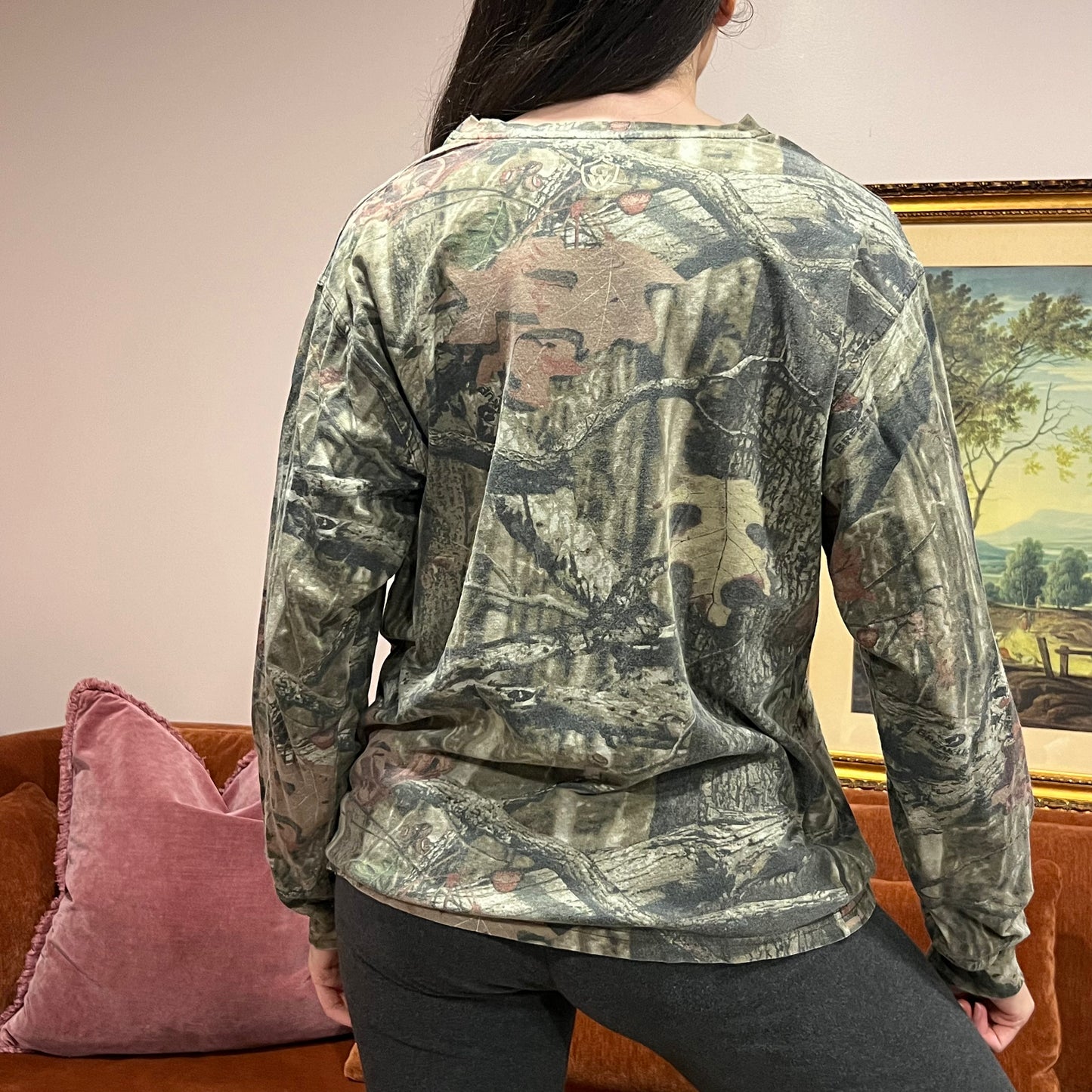 DIVORCE YOUR REPUBLICAN HUSBAND camo long sleeve t-shirt with orange text (L)
