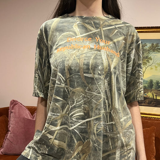 DIVORCE YOUR REPUBLICAN HUSBAND camo t-shirt with orange text (2XL)
