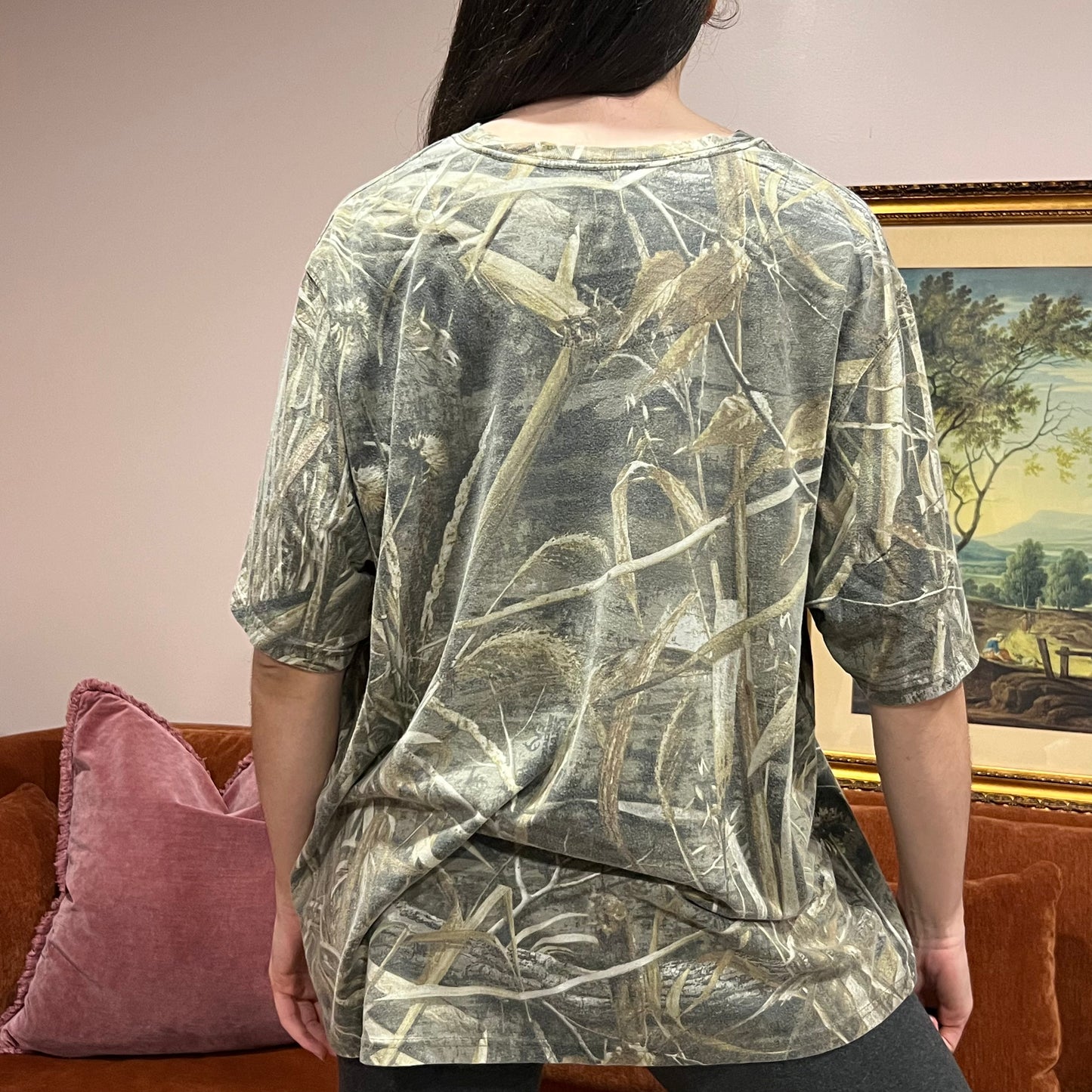 DIVORCE YOUR REPUBLICAN HUSBAND camo t-shirt with orange text (2XL)
