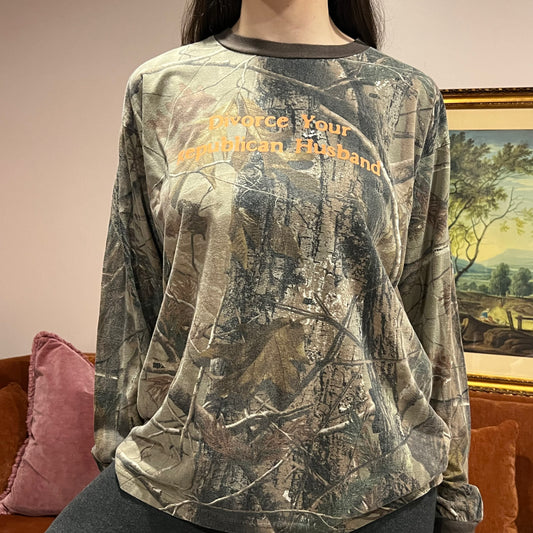 DIVORCE YOUR REPUBLICAN HUSBAND camo long sleeve t-shirt with orange text (XL)
