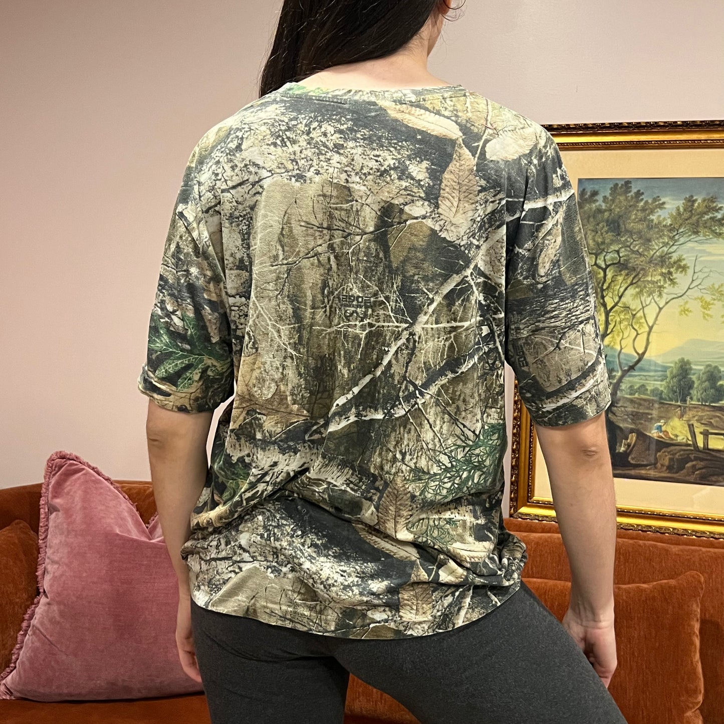 DIVORCE YOUR REPUBLICAN HUSBAND camo t-shirt with orange text (L)