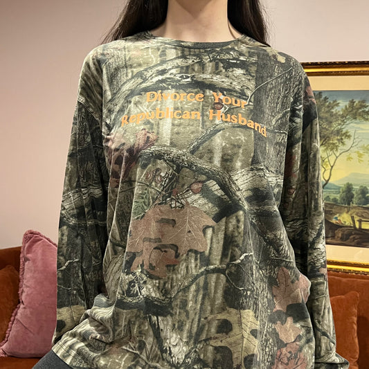 DIVORCE YOUR REPUBLICAN HUSBAND camo long sleeve t-shirt with orange text (XL)