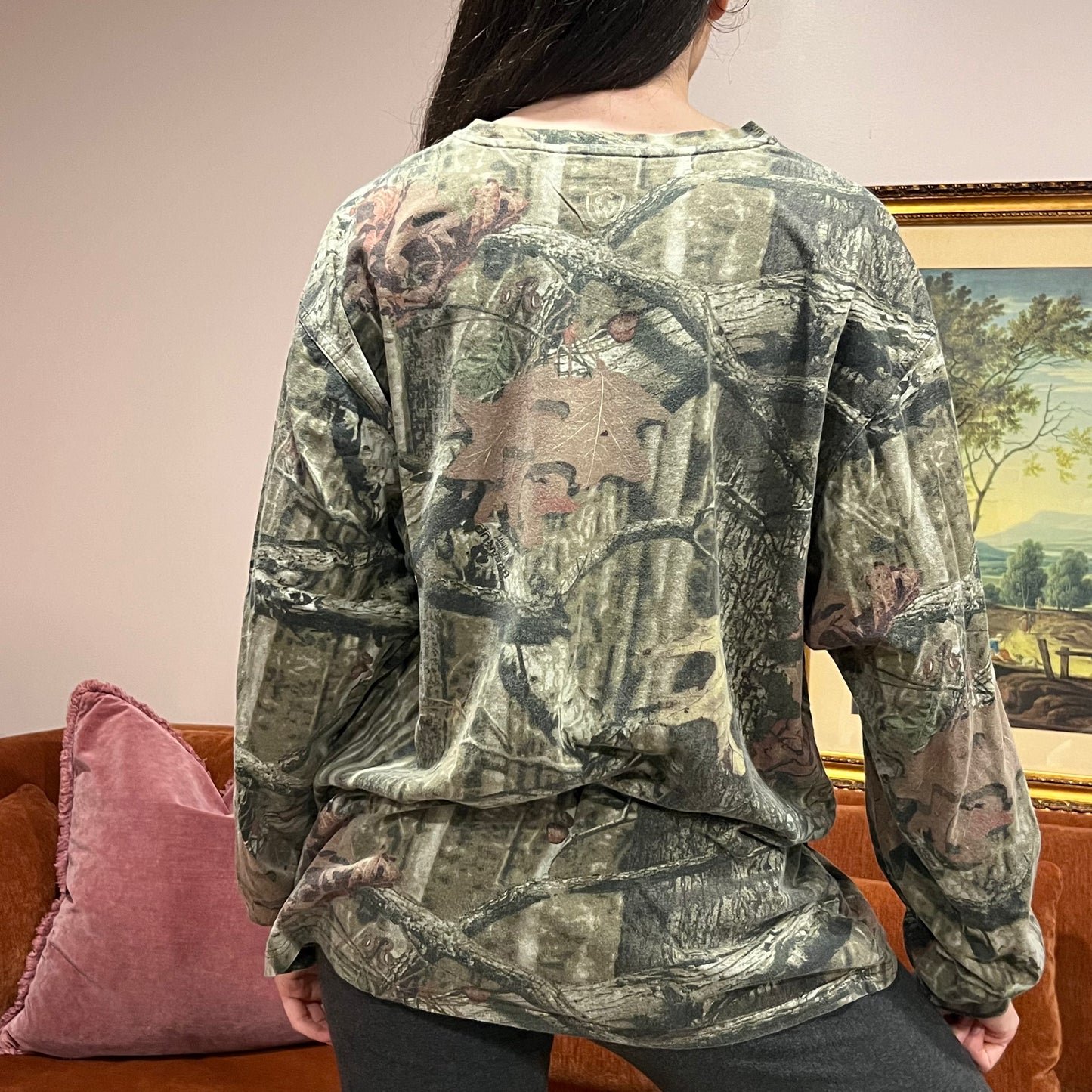 DIVORCE YOUR REPUBLICAN HUSBAND camo long sleeve t-shirt with orange text (XL)