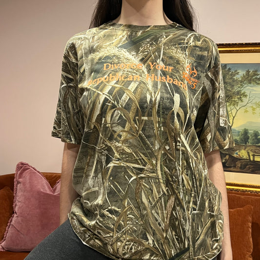 DIVORCE YOUR REPUBLICAN HUSBAND camo t-shirt with orange text (L)