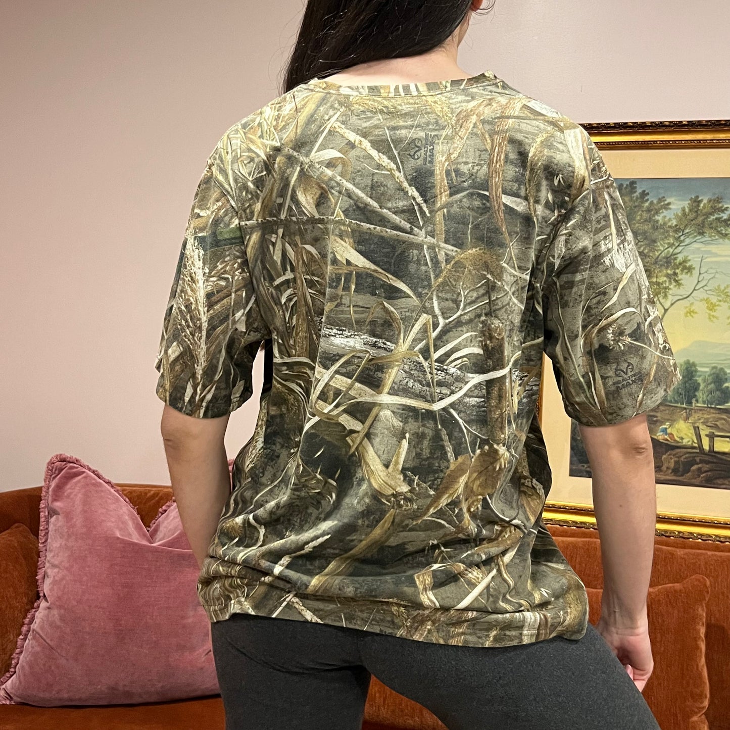 DIVORCE YOUR REPUBLICAN HUSBAND camo t-shirt with orange text (L)