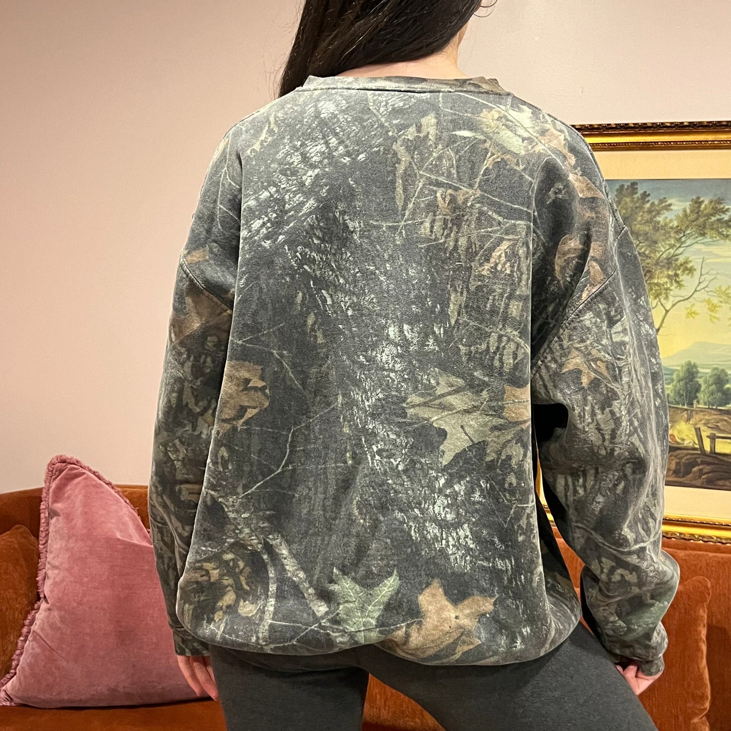 DIVORCE YOUR REPUBLICAN HUSBAND camo crewneck with orange text (XL)