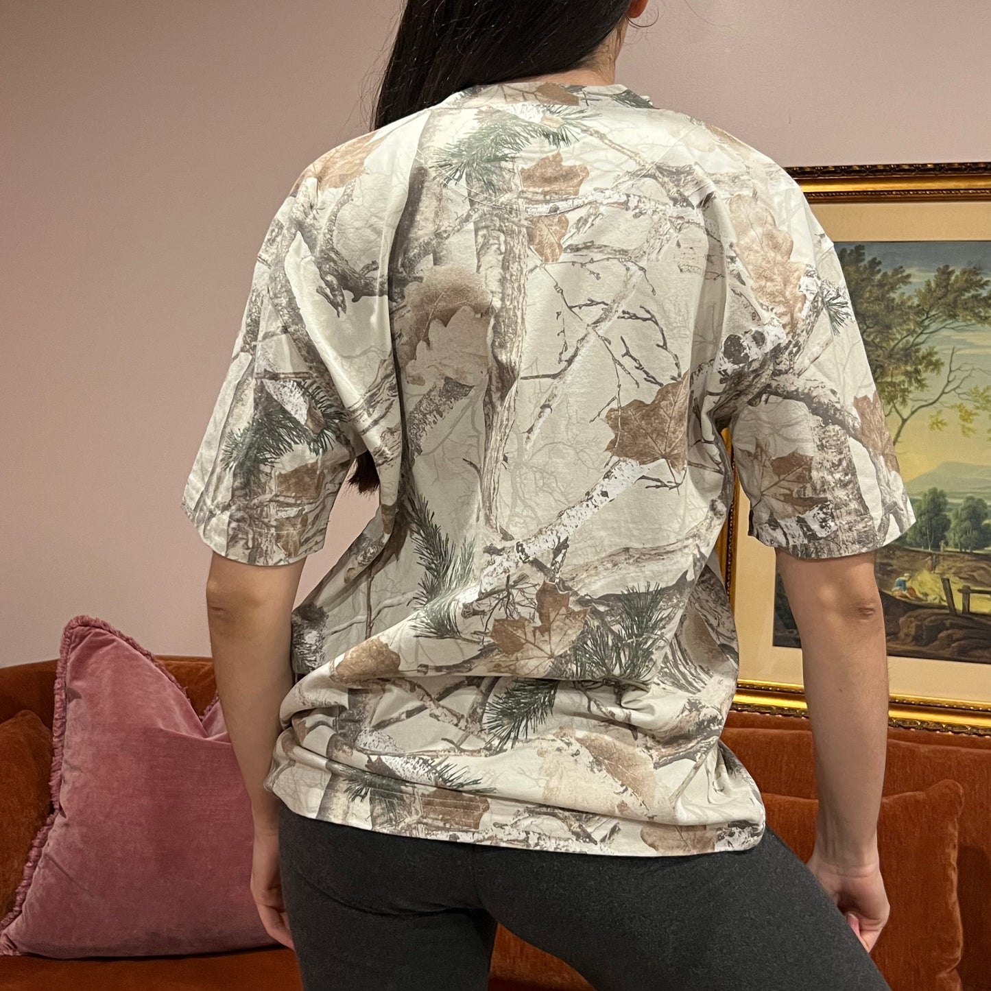 DIVORCE YOUR REPUBLICAN HUSBAND white camo t-shirt with orange text (M)
