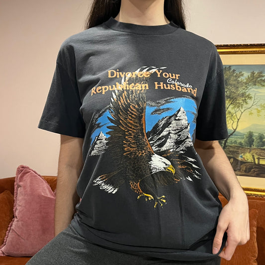 DIVORCE YOUR REPUBLICAN HUSBAND eagle t-shirt with orange text (L/XL)