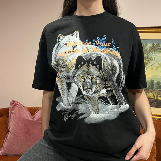 DIVORCE YOUR REPUBLICAN HUSBAND wolf t-shirt with orange text (L)