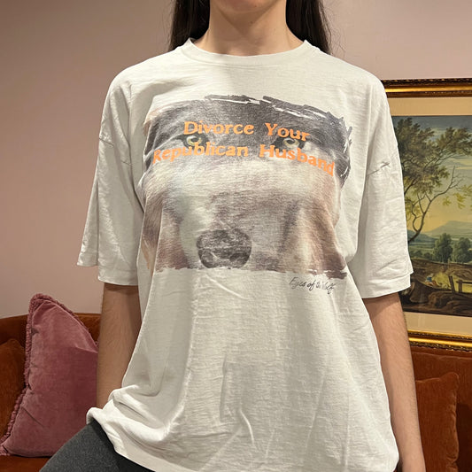 DIVORCE YOUR REPUBLICAN HUSBAND wolf t-shirt with orange text (XL)