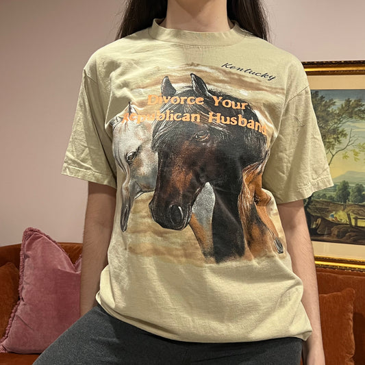 DIVORCE YOUR REPUBLICAN HUSBAND horse t-shirt with orange text (M)