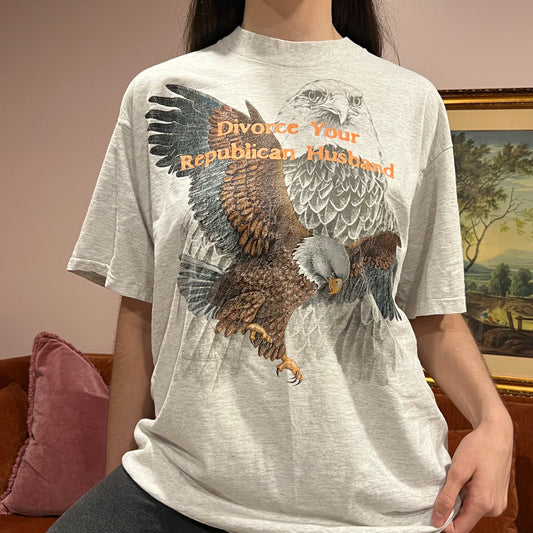 DIVORCE YOUR REPUBLICAN HUSBAND eagle t-shirt with orange text (XL)