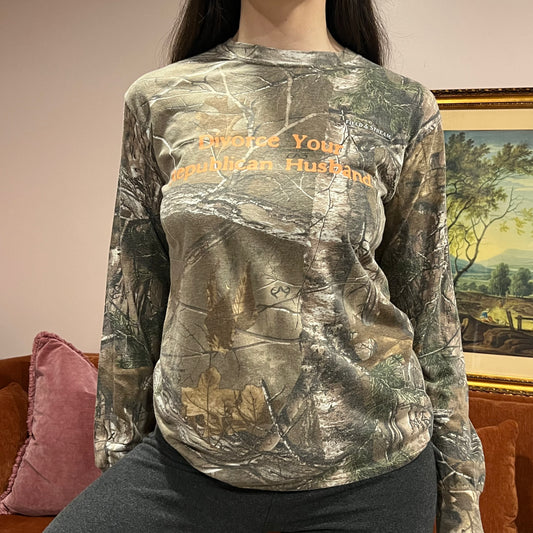 DIVORCE YOUR REPUBLICAN HUSBAND camo long sleeve t-shirt with orange text (SM)
