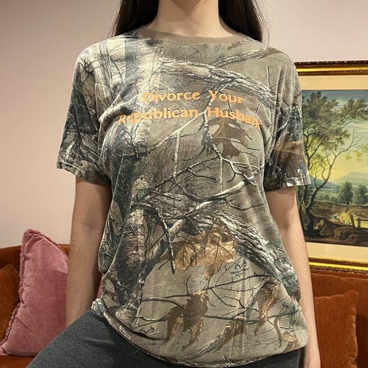 DIVORCE YOUR REPUBLICAN HUSBAND camo t-shirt with orange text (L)
