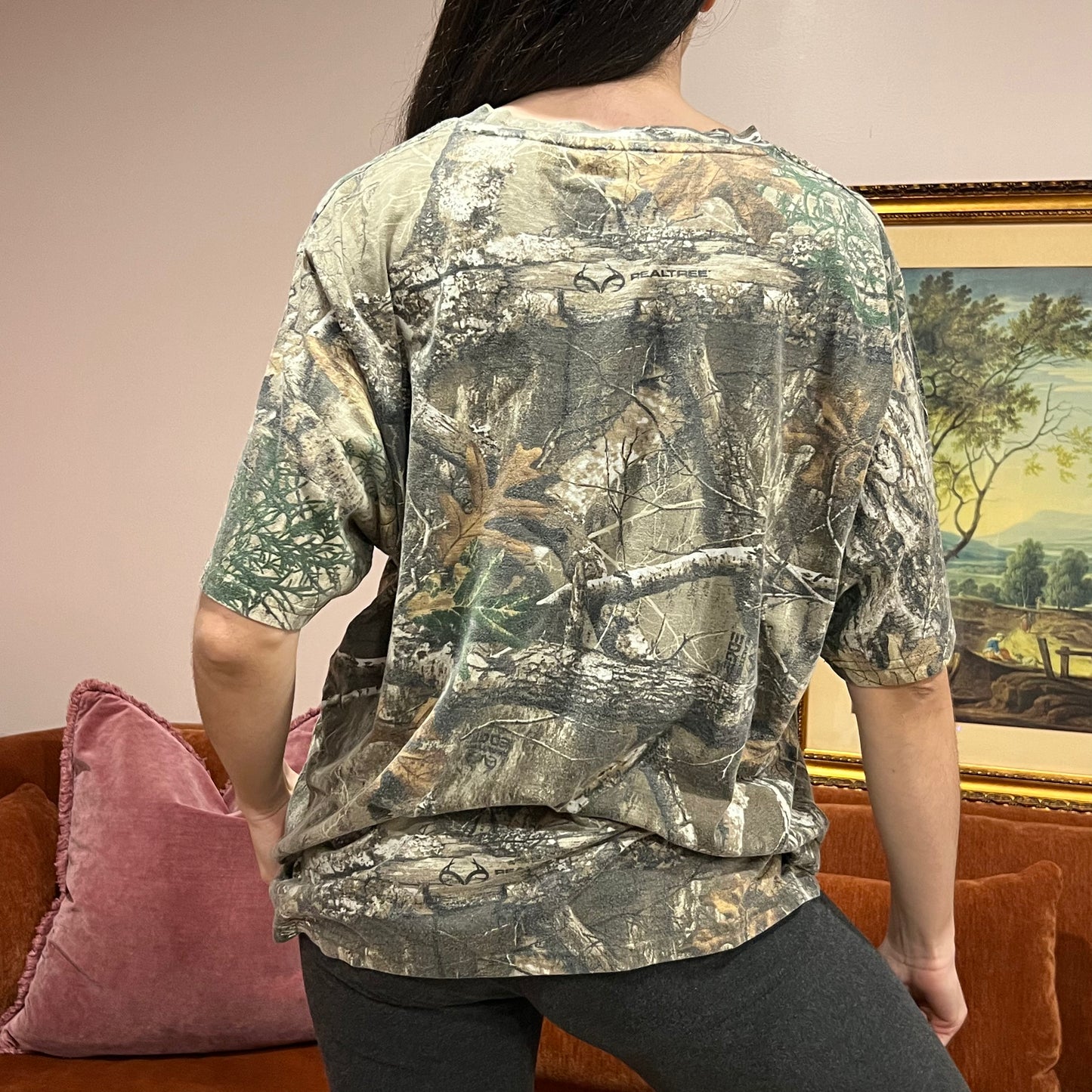 DIVORCE YOUR REPUBLICAN HUSBAND camo t-shirt with orange text (XL)