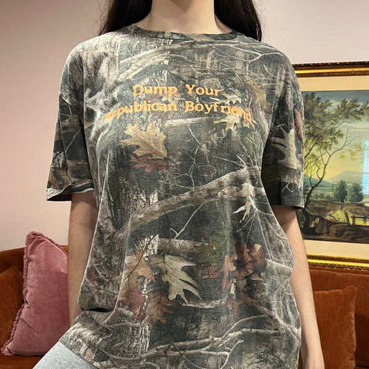 DUMP YOUR REPUBLICAN BOYFRIEND camo t-shirt with orange text (L)