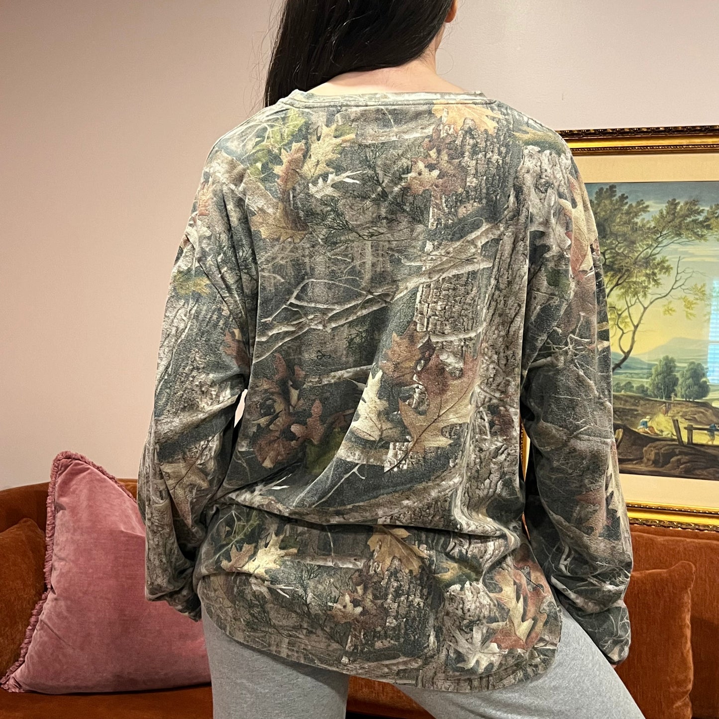 DUMP YOUR REPUBLICAN BOYFRIEND camo long sleeve t-shirt with orange text (XL)