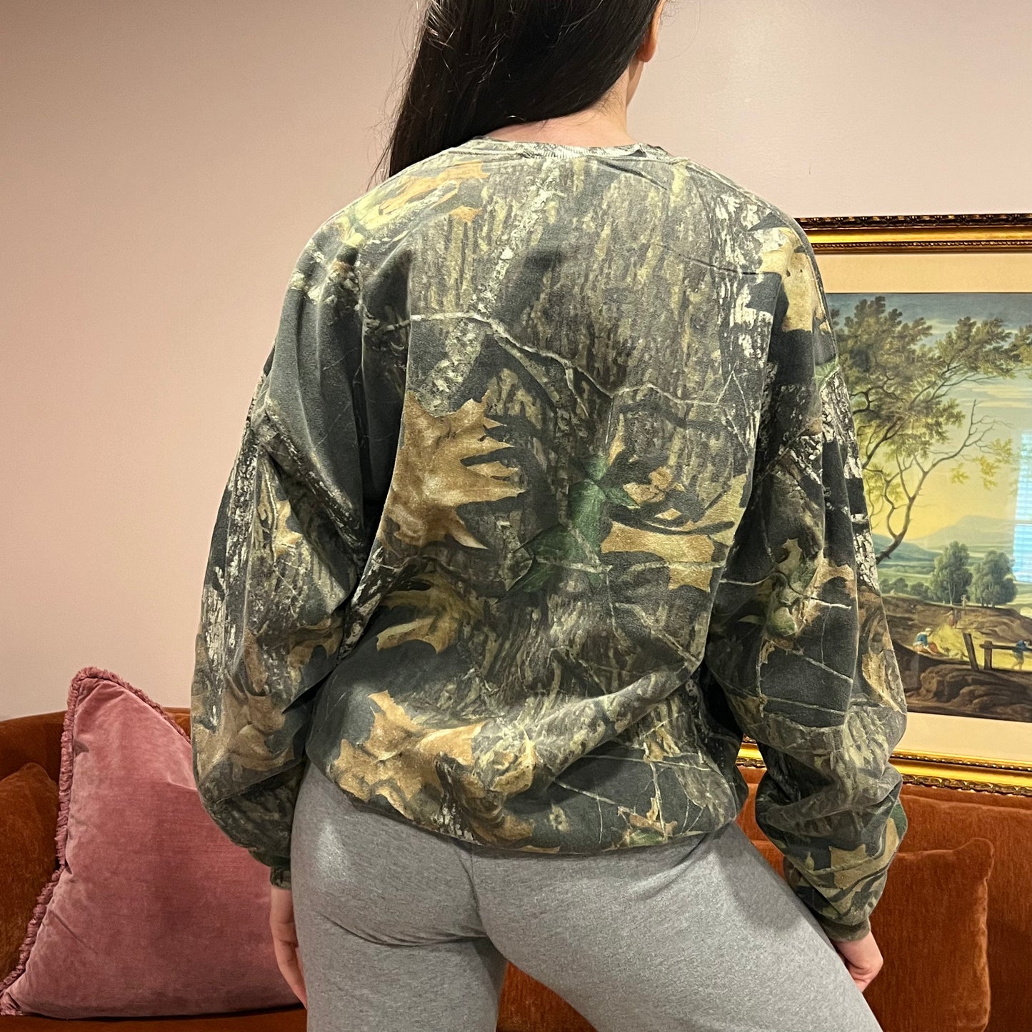 DUMP YOUR REPUBLICAN BOYFRIEND camo crewneck with orange text (XL)
