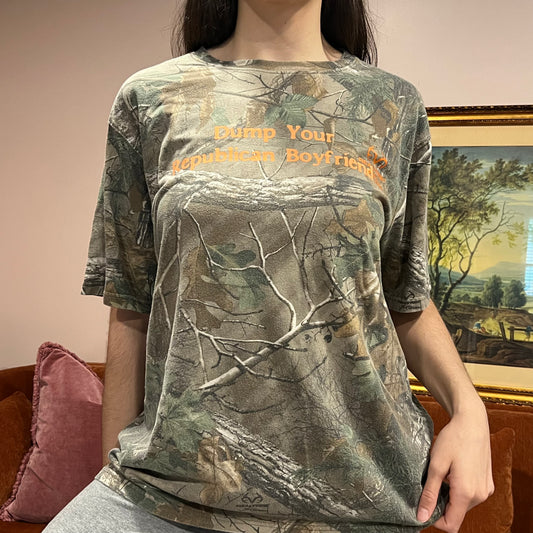 DUMP YOUR REPUBLICAN BOYFRIEND camo t-shirt with orange text (L)