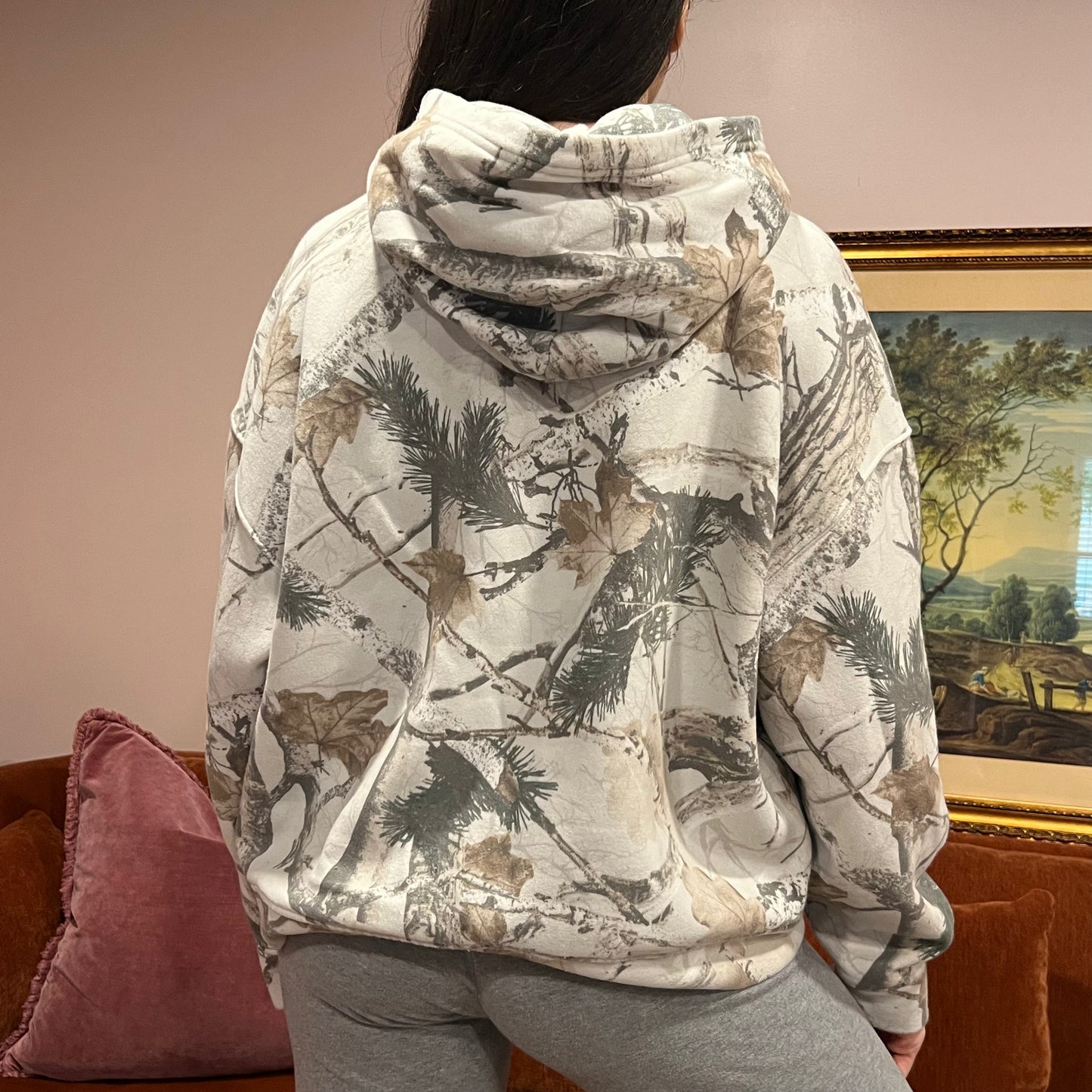 DUMP YOUR REPUBLICAN BOYFRIEND white camo hoodie with orange text (L)