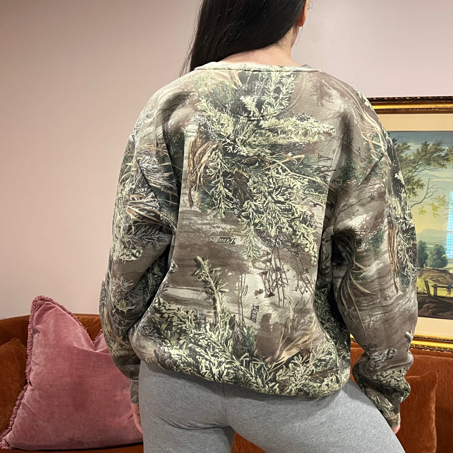 DUMP YOUR REPUBLICAN BOYFRIEND camo crewneck with orange text (L)