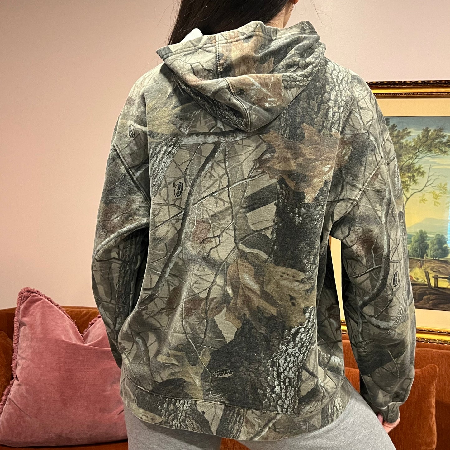 DUMP YOUR REPUBLICAN BOYFRIEND camo hoodie with orange text (L)