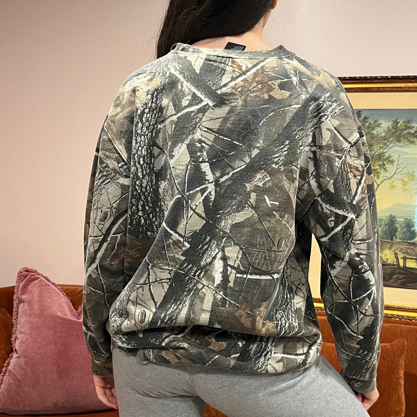 DUMP YOUR REPUBLICAN BOYFRIEND camo crewneck with orange text (L)
